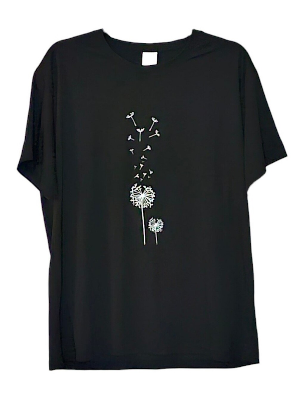 Black Crewneck T-shirt White Graphic of Dandelion Fluff Ball Blowing Away 2XL
